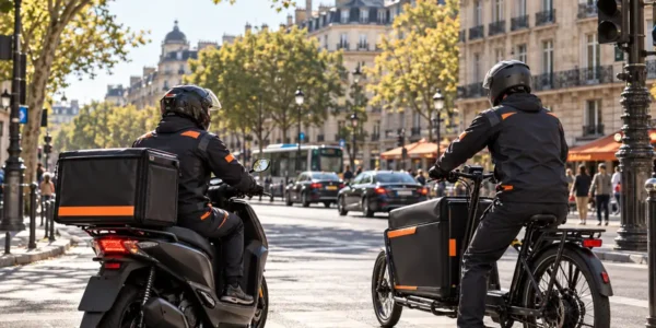 Coursier à scooter et coursier à vélo cargo à un feu sur un boulevard parisien