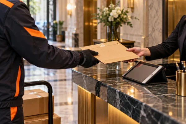 Coursier remettant un pli en main propre à l'accueil d'un immeuble de bureaux parisien